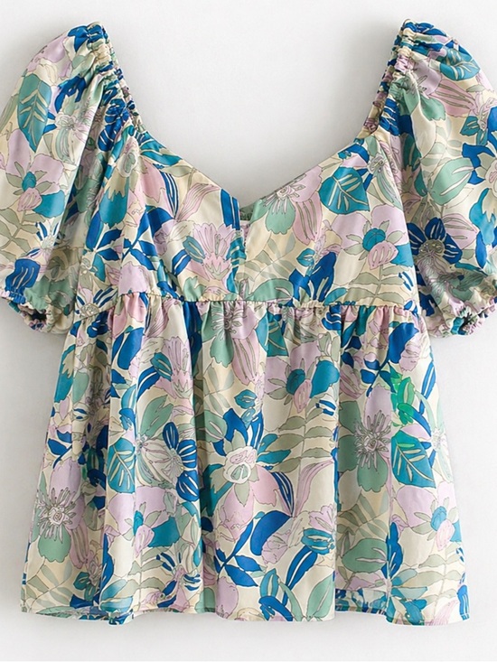 honey sparkle Tops - Honey & Sparkle Floral Smocked Babydoll Top Size L Puff Sleeve